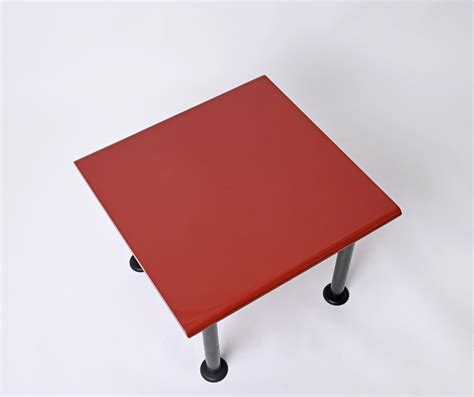 Mid-Century Square Coffee Table with Cardinal Red Top, Italy, 1980s for sale at Pamono