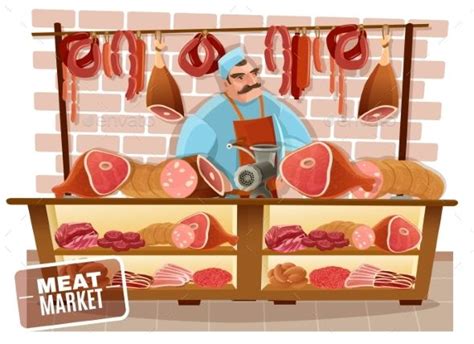 Butcher Cartoon Illustration Retro Style Posters, Beef Bacon, Meat Shop ...