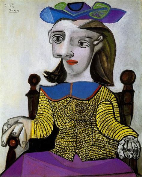 a painting of a woman sitting in a chair with a hat on top of her head