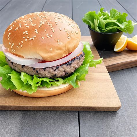 Premium AI Image | A closeup of a burger on a stand with a front view