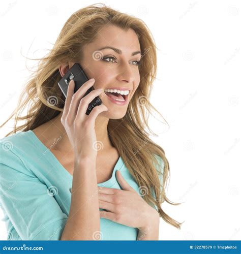 Beautiful Woman Laughing while Using Smart Phone Stock Image - Image of mouth, hand: 32278579