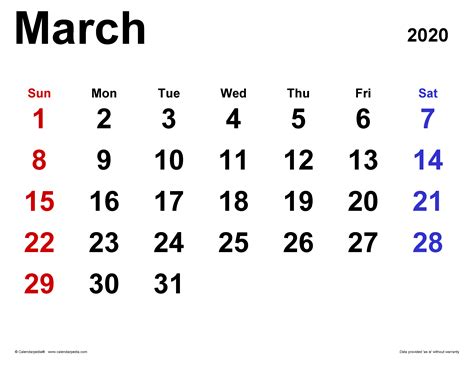 March 2020 Calendar | Templates for Word, Excel and PDF