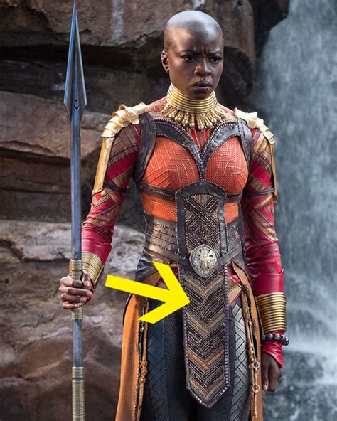 The pattern and the beading on Okoye's tabard was inspired by a table runner in Francisco’s aunt ...