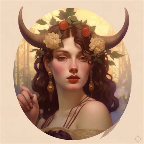 Taurus zodiac sign as fantasy girl with nose ring and earnings, and brown hair, Watercolor ...