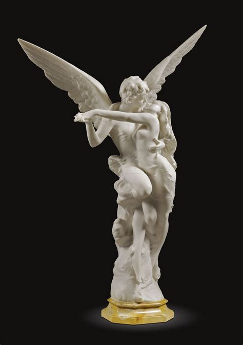 Italian, circa 1900 - CUPID AND PSYCHE - white marble on a veined yellow marble base - 128.5cm ...