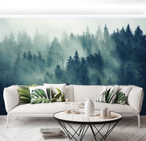 Misty forest scene mural Mountain forests mural Forest Haze | Etsy in ...