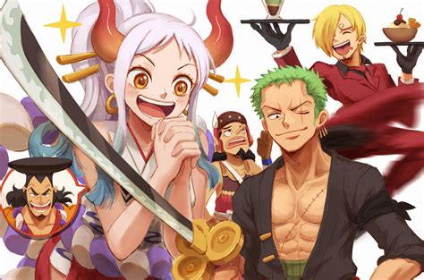 roronoa zoro, sanji, yamato, usopp, and kouzuki oden (one piece) drawn ...