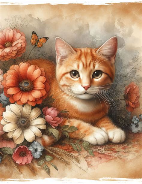 Orange Tabby Cat 10 High Res Watercolor Jpgs for Junk Journaling, Scrapbook, Crafts, Digital ...