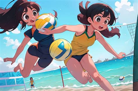 Premium AI Image | Manga anime beautiful Brazilian girls playing beach volleyball Attractive ...