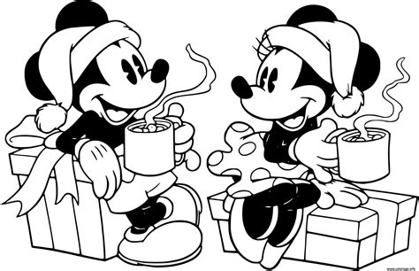 Coloriage Mickey Minnie Drinking Hot Cocoa Dessin Noel Disney à imprimer