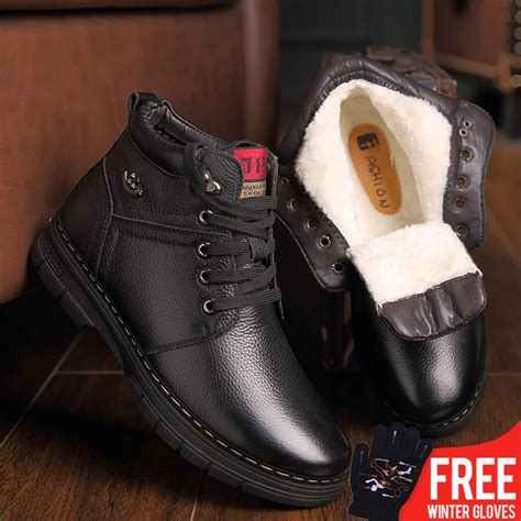 2018 New Winter Shoes Men's Boots Geniune Leather Wool Inside Hot Warm Snow Shoes Man Leather ...