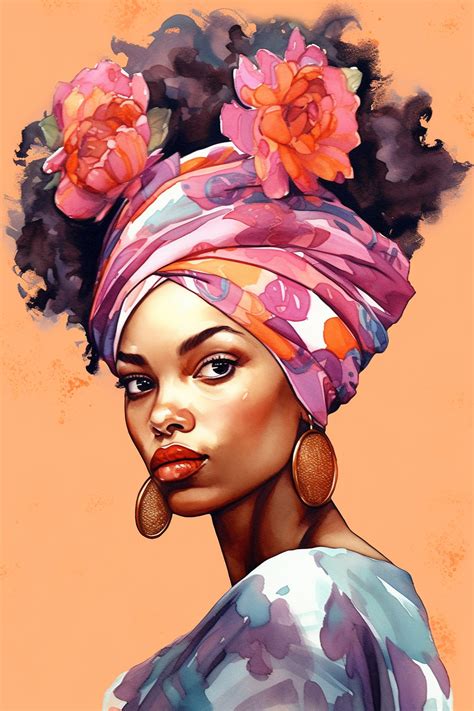 Portrait afro girl woman wears bandana for curly hairstyles. profile, black melanin skin ...