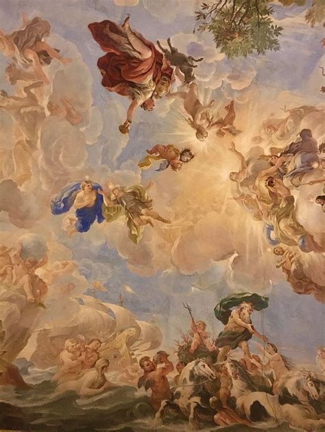 view of a renaissance mural, with pastels and the gods and cherubs in ...