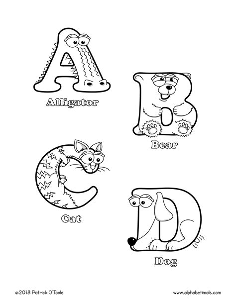 Printable Coloring Pages: Uppercase Letters & Animals - Alphabetimals