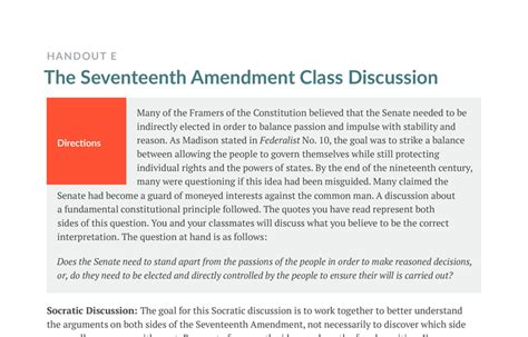 Handout E: The Seventeenth Amendment Class Discussion - Bill of Rights ...