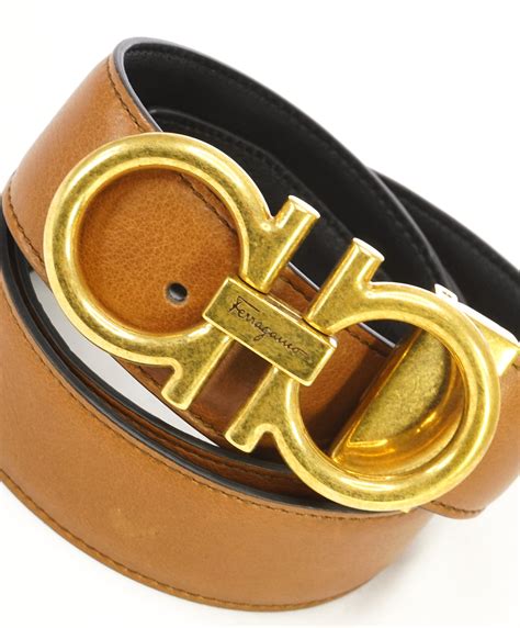 SALVATORE FERRAGAMO - Distressed Gold Buckle Reversible Gancini Belt ...