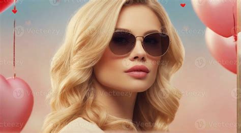 Beautiful blonde hair female wearing sunglasses against valentine's day ambience background with ...