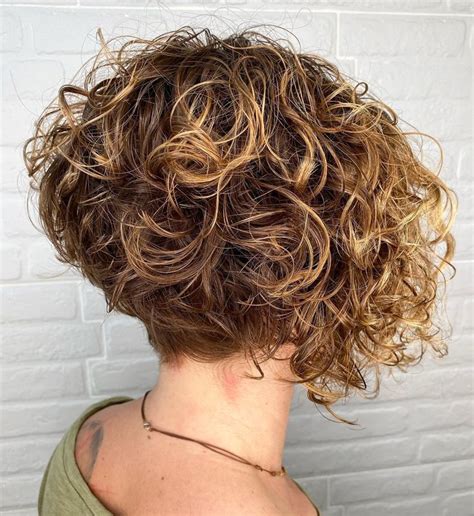 Stacked Short Curly Bob Cut with Blonde Highlights | Bob haircut curly, Stacked bob haircut ...