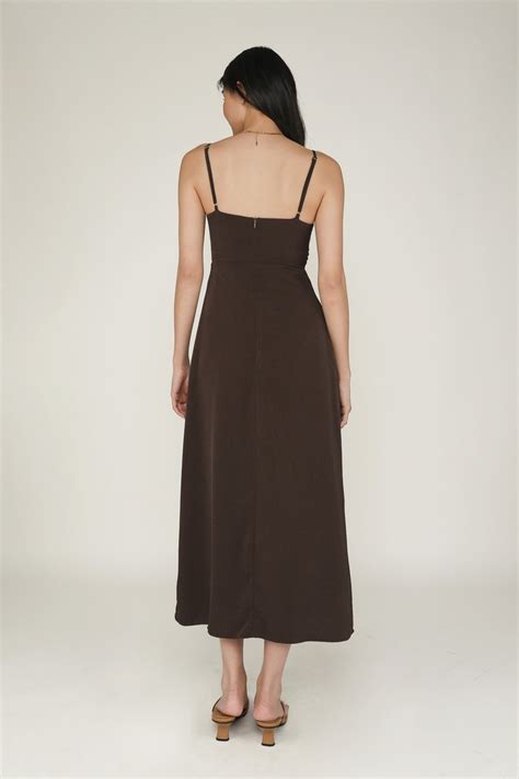 Giana Twist Front Padded Midi Dress (Dark Brown) | The Tinsel Rack