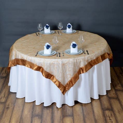 72" x 72" Gold Satin Edge Embroidered Sheer Organza Square Table Overlay | Table overlays ...