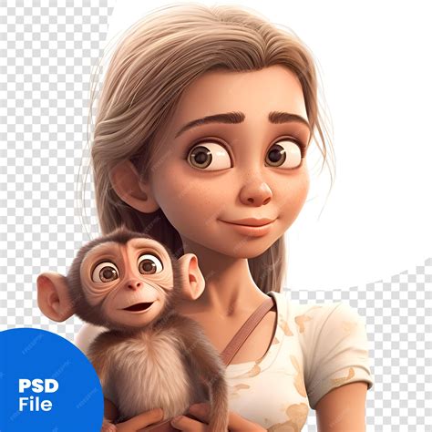 Premium PSD | 3d rendering of a cute little girl with a monkey on a white background psd template