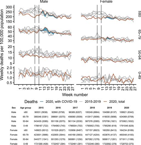 Mortality rates, divided by sex and age groups, in weeks 1–27 in 2020... | Download Scientific ...