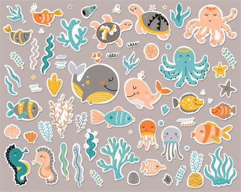 Premium Vector | Sea animals stickers collection.