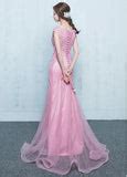 Lace Appliques Tulle Jewel Pink Mermaid Prom Dress – Sassymyprom