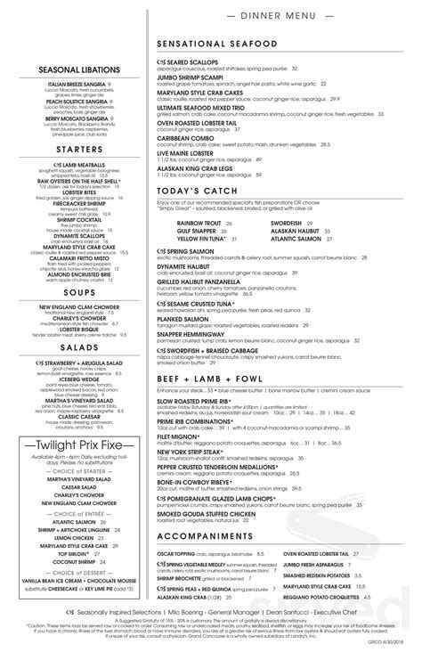 Grand Concourse menu in Pittsburgh, Pennsylvania, USA