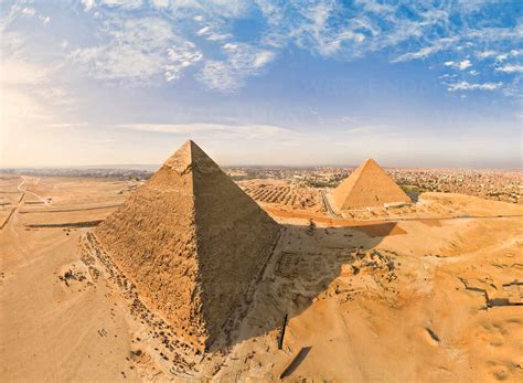 Aerial view of the Great Pyramids of Giza in Egypt stock photo