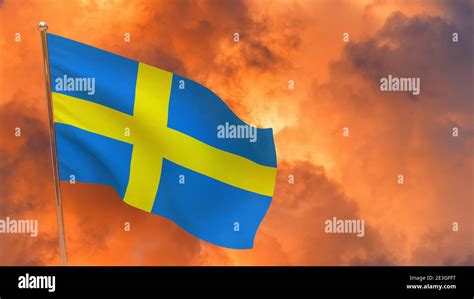 Sweden flag on pole. Dramatic background. National flag of Sweden Stock Photo - Alamy