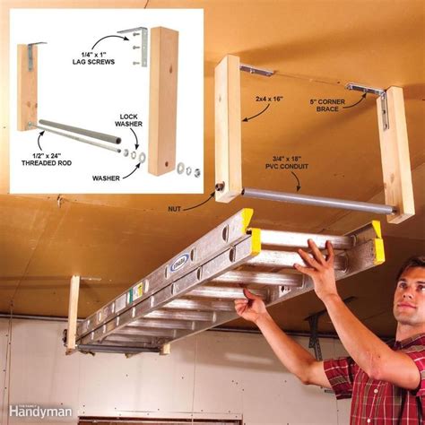 a man working on a metal ladder in a garage with instructions to ...