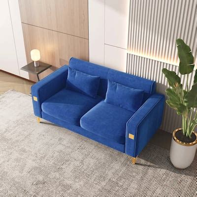 Dark Blue Velvet Square Arms Loveseat w/ 2 Pillows and Gold Metal Legs - Bed Bath & Beyond ...