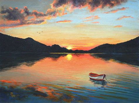 Sunset over a Mountain Lake – Acrylic Painting | Sunset landscape ...