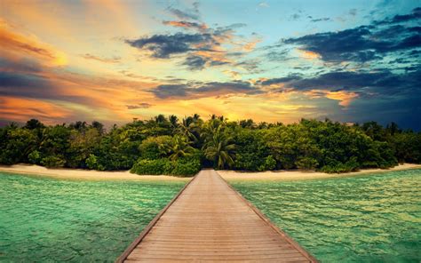 Download Ocean Tropical Sunset Palm Tree Tropics Lagoon Sea Pier Nature Island HD Wallpaper
