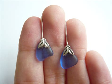 Sea Glass Dangle Earrings Rare Cornflower blue by TaliaJewelry