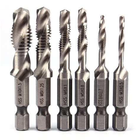 6Pcs HSS High Speed Steel Drill Bits Set 1/4" Hex Shank Metric Screw Thread Tap Taper Twist ...