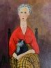 Woman Red Dress grey hair Tabby Cat
