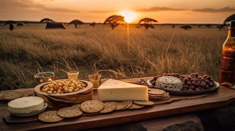 Premium AI Image | A cheese platter with a sunset in the background