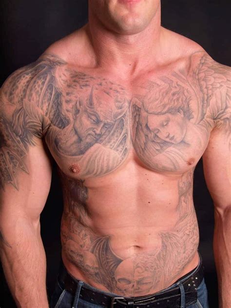 Nice Grey Ink Good Vs. Evil Chest And Shoulder Design Cool Chest Tattoos, Chest Tattoos For ...