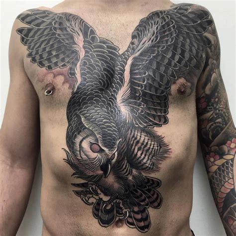 Large Owl On Guys Chest and Belly | Best tattoo design ideas