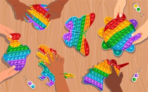 Premium Vector | Kids playing with colourful rainbow popits in shape of heart fish dinosaur sun ...