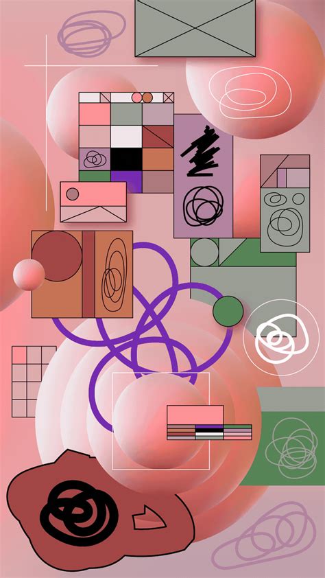 an abstract background with circles, lines and shapes in shades of red, pink, purple, green
