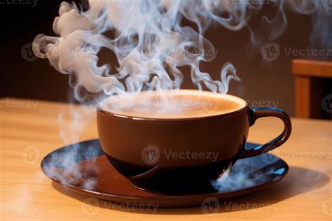 Coffee cup with steam on wooden table and black background. Generative ...