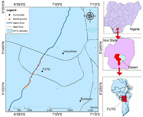 Map of the Otamiri River in FUTO showing the sampling points. | Download Scientific Diagram