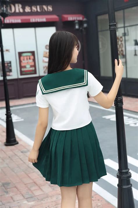 High Quality Girl Japanese Uniform Sailor School Uniform Set Plus Size XL White Green Skirt ...