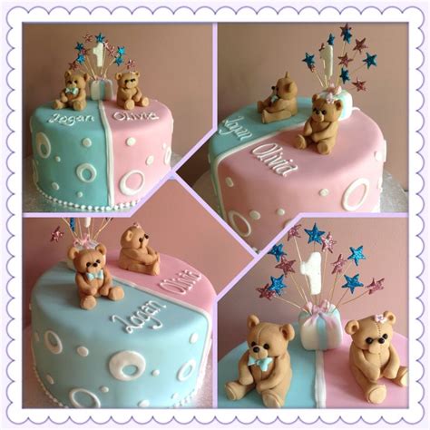 Twins 1st birthday cake by Exquisite Cakes | Twin birthday cakes, Birthday party snacks, Cake ...