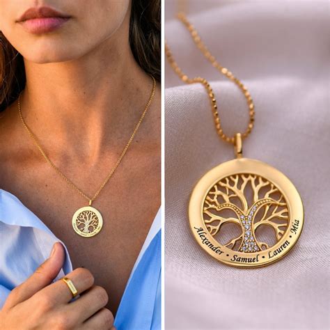 Personalized Custom Engraved Gold Family Tree Circle Pendant Necklace Cubic Zirconia Customized ...