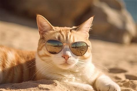 Cat in Sunglasses on the Beach Resting Vacation Resort . Travel ...