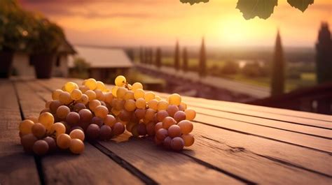 Premium AI Image | Bunch of grapes on a wooden table in vineyard with ...